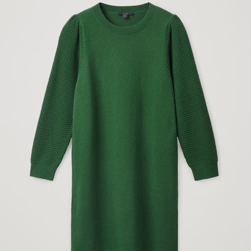 COS Puff Sleeve Cotton-wool Dress In Green